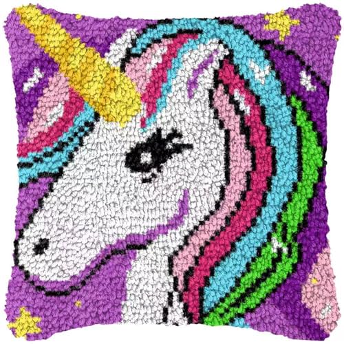 Image of Howie's Latch Hook Kits, DIY Rainbow Unicorn Latch Hook Pillow Kit for Adults Crochet Yarn Kits, Color Preprinted Pattern Embroidery Sofa Cushion Cover (Rainbow Unicorn, 16.93 x 16.93 inch)