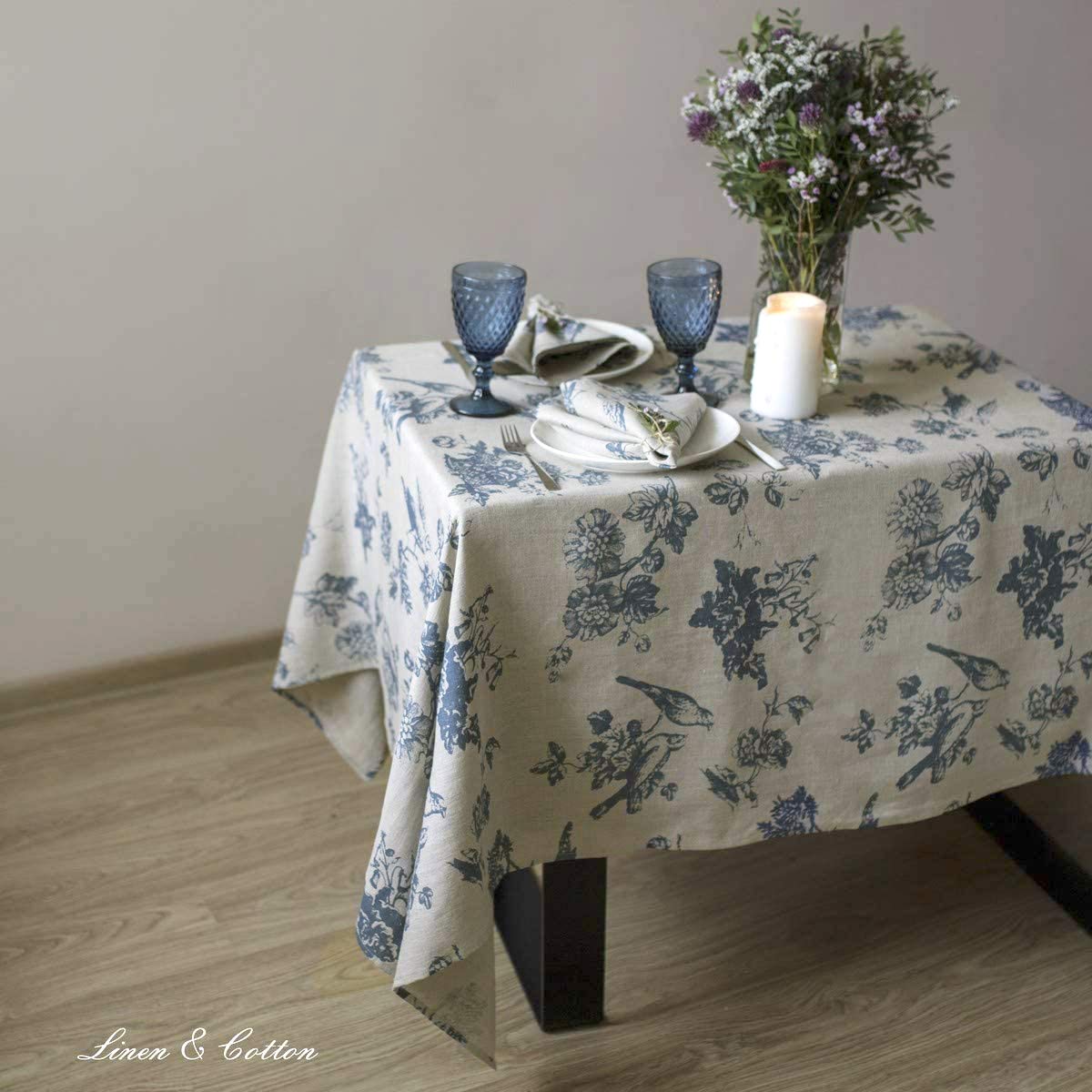 LINEN & COTTON Tovaglia da Tavola Shabby Chic Flores Motivo Floreale -100% Lino, Beige Blu (140 x 300 cm) Tovaglia di Stoffa Rettangolare Grande Lunga 3 Metri per Cucina Tavolo da Pranzo Soggiorno