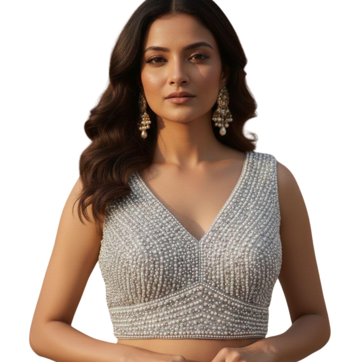 Women Pearl Moti Designer Readymade Blouse Pure Silk Handcrafted Sleeveless V Neck Back Hook Open Heavy Handwork Traditional Saree Blouse Bridal Festive (Size Upto 40)(only Blouse)