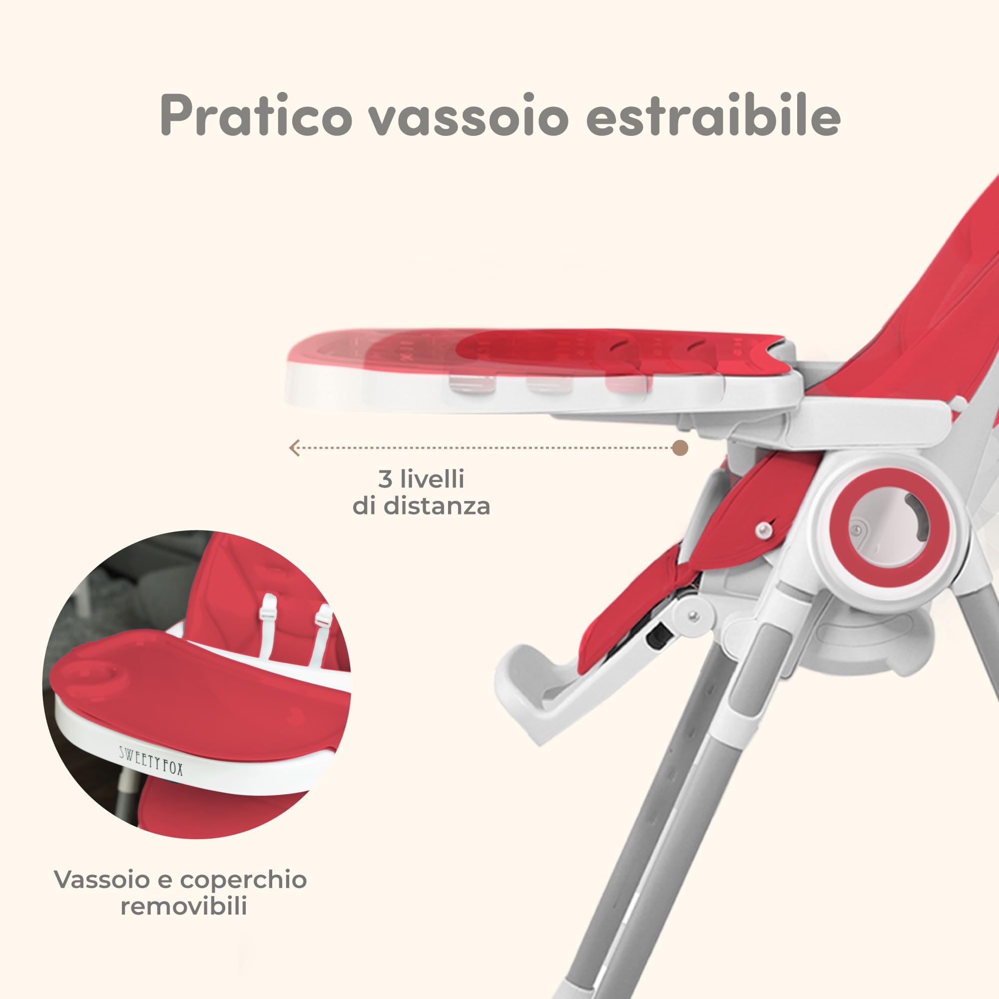 Seggiolone Pappa Regolabile e Pieghevole - 7 Livelli Diverse, Schienale Bambino Pieghevole 5 Posizioni, Ripiano Smontabile, Vassoio a Clip (Facile da Pulire) - Rosso Lampone