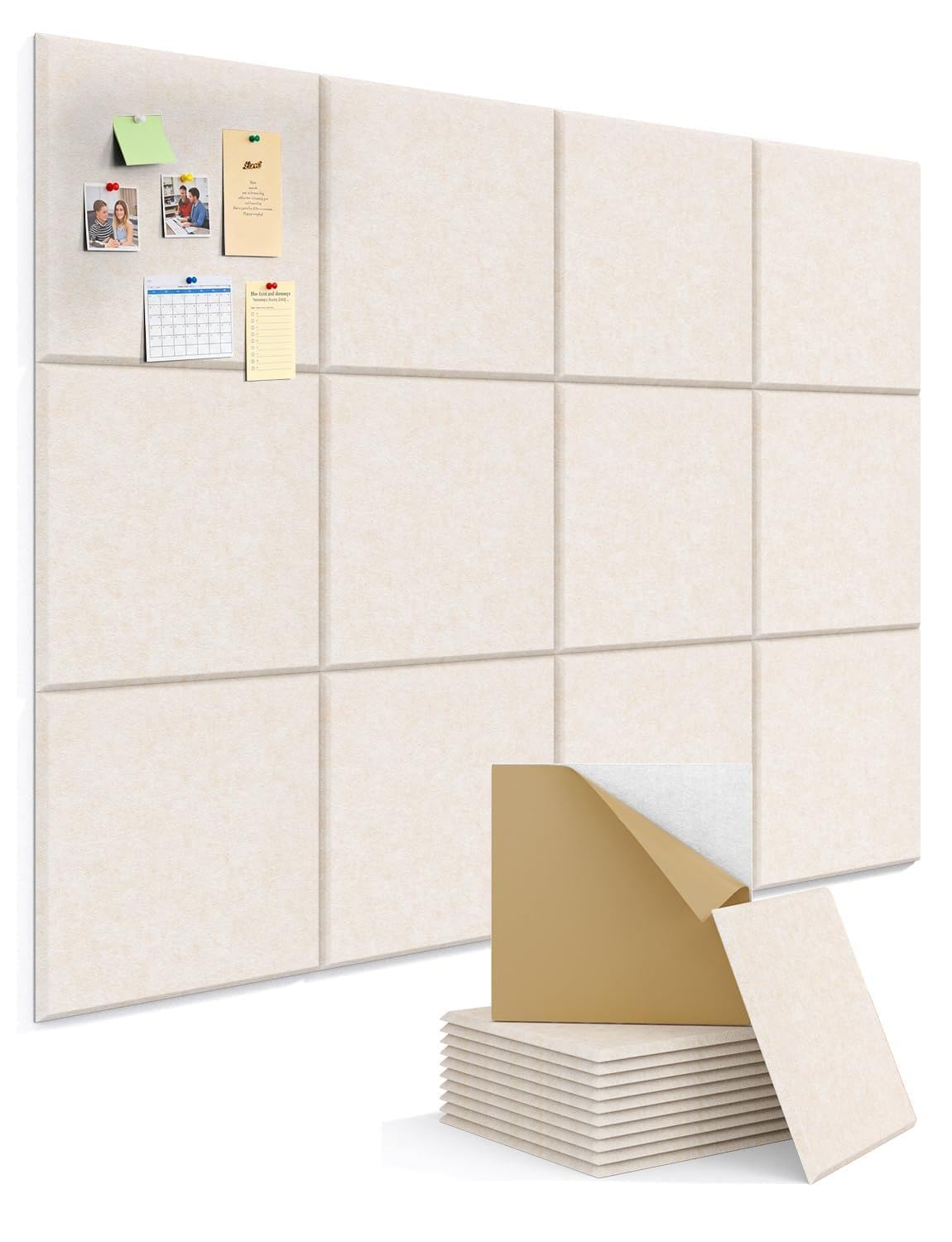 Kuchoow Cork Pin Board Large 120 x 90 cm Felt Notice Pinboard for Office Walls & Home, 12 Pack Beige Self Adhesive Decorative Bulletin Mood Board Corkboard for for Bedroom, Display, Memo, Photo