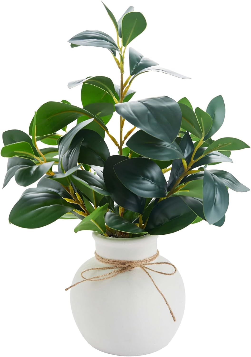 16.5'' Artificial Ficus Branch Arrangement, Real Looking Faux Plant with Glossy Green Oval Leaves, White Ceramic Vase with Rope Accent and Pebbles for Table Entryway Indoor Decor
