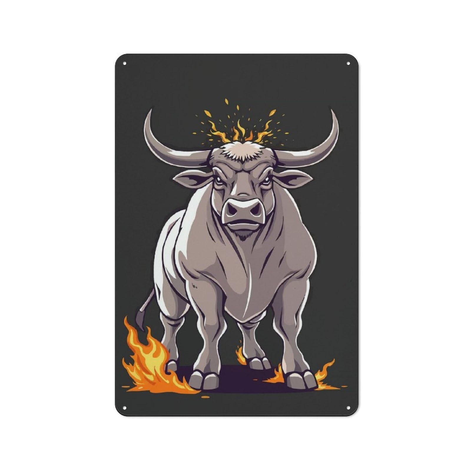Junmoney Cartoon Bull With Flames Tin Sign 30X20cm With For Bar Or Restaurant, Retro Decor, For Garage, Workshop And Man Cave Decoration