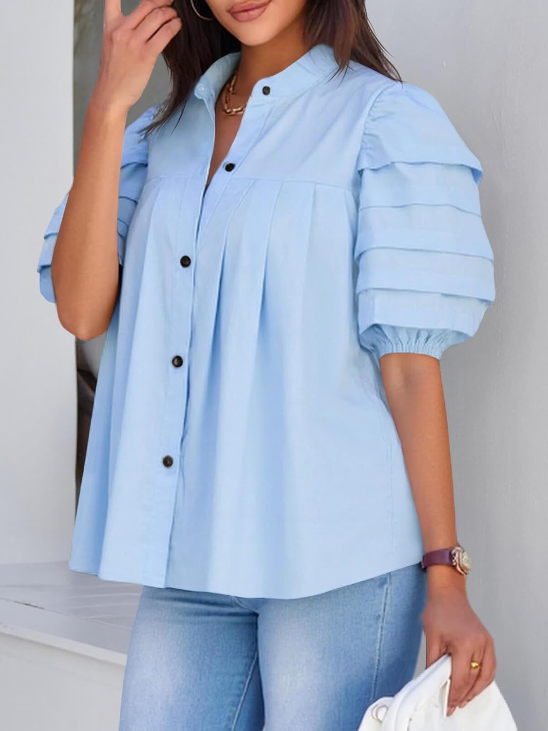 Tankaneo Womens Puff Short Sleeve Button Down Shirts Cotton Pleated Babydoll Blouses Trendy Casual Loose Fit Tops - Image 2