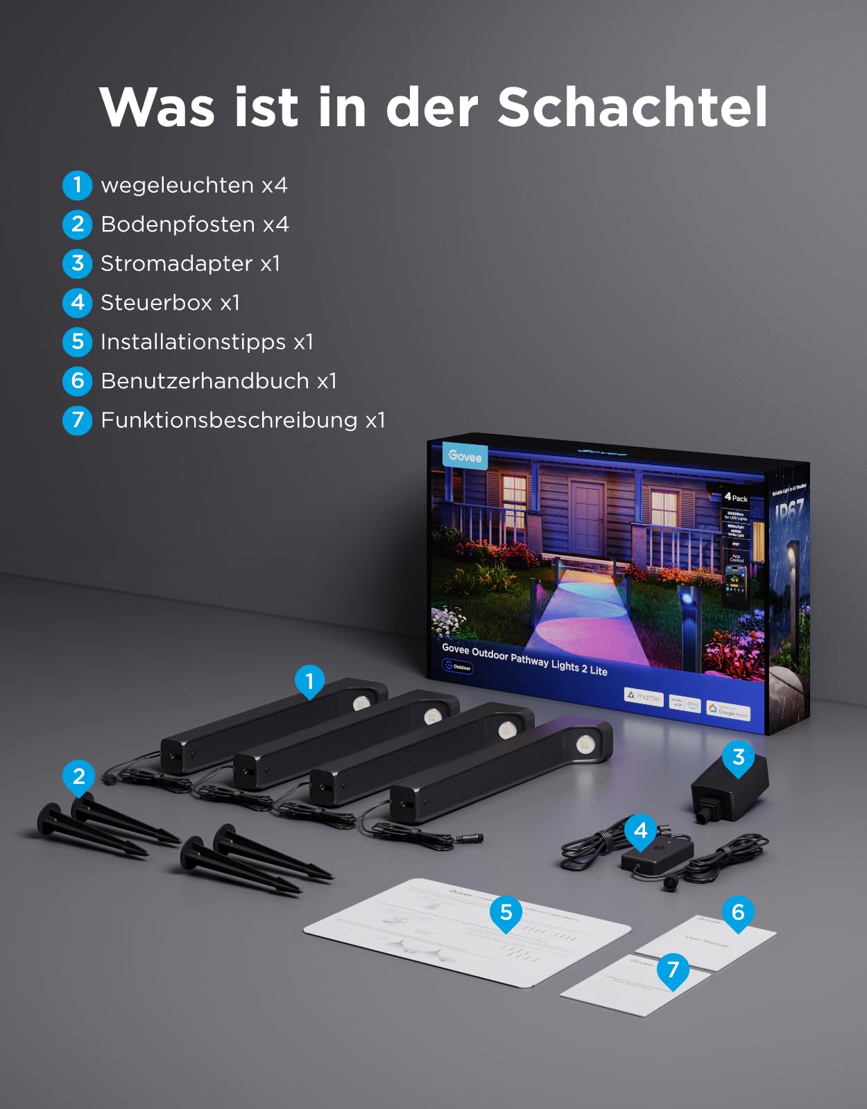 Govee Wegeleuchten Außen 2 Lite RGBWIC, Smart Gartenbeleuchtung, IP67, 4pcs | Kompatibel mit Matter, Alexa & Google Assistant, 60+ Szenen, 16 Millionen Farbe, Outdoor Gartenleuchte für Gehweg,Hof,Garten