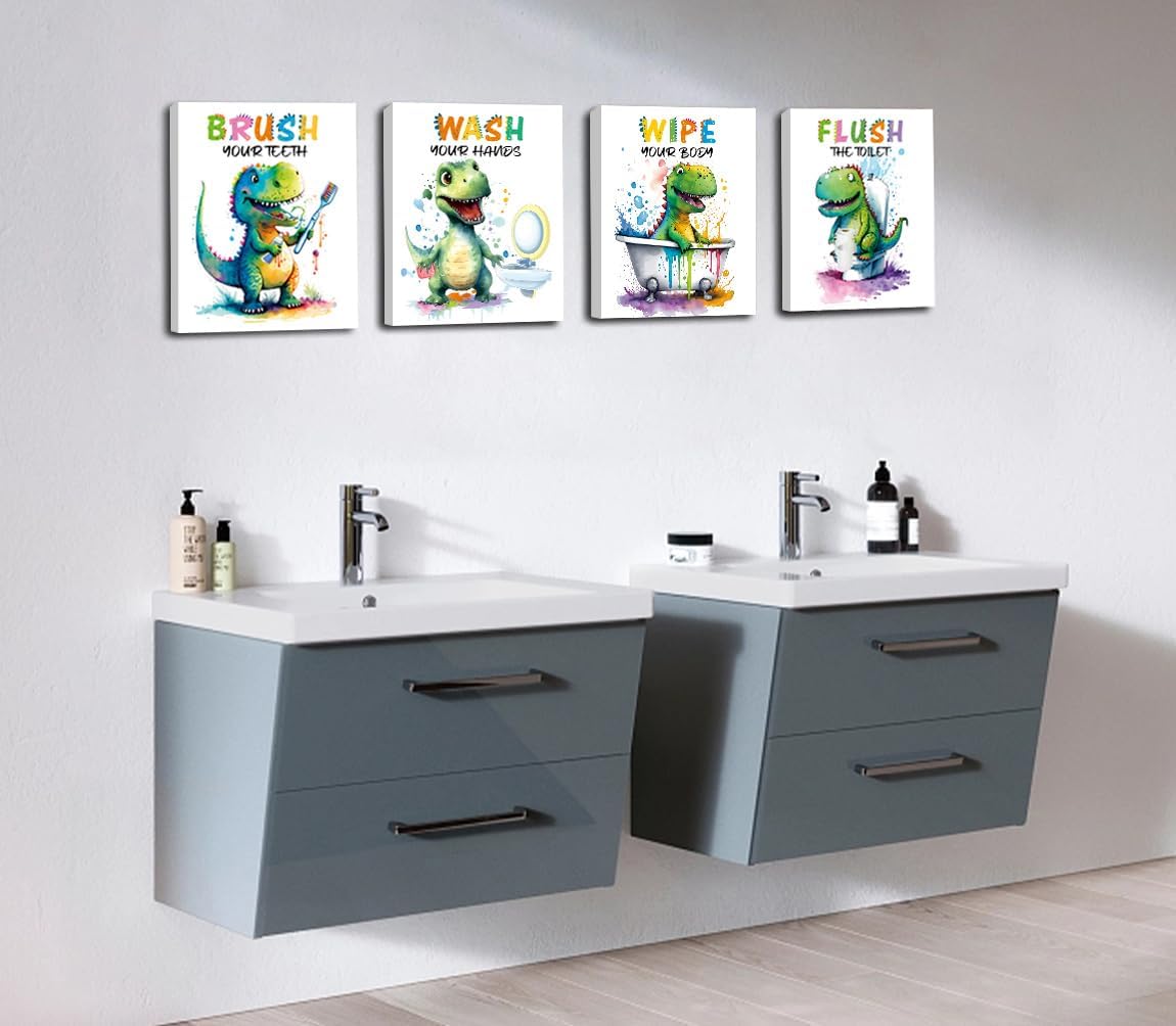 ZHAXFA Framed Dinosaur Bathroom Wall Art Prints,Kids Bathroom Canvas Wall Art,Funny Dinosaur Themed Inspirational Quotes Art Prints Artwork Home Decor Set of 4 (8”X10”inch)