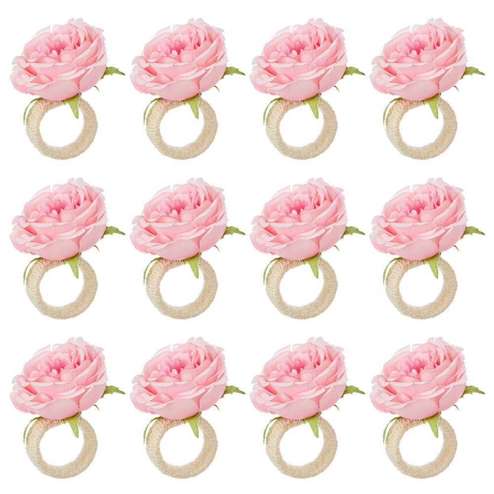 Napkin Rings, 12Pcs Pink Rose Dinner Napkin Holders Table Setting Decoration for Valentine's Day, Wedding, Dinners, Parties