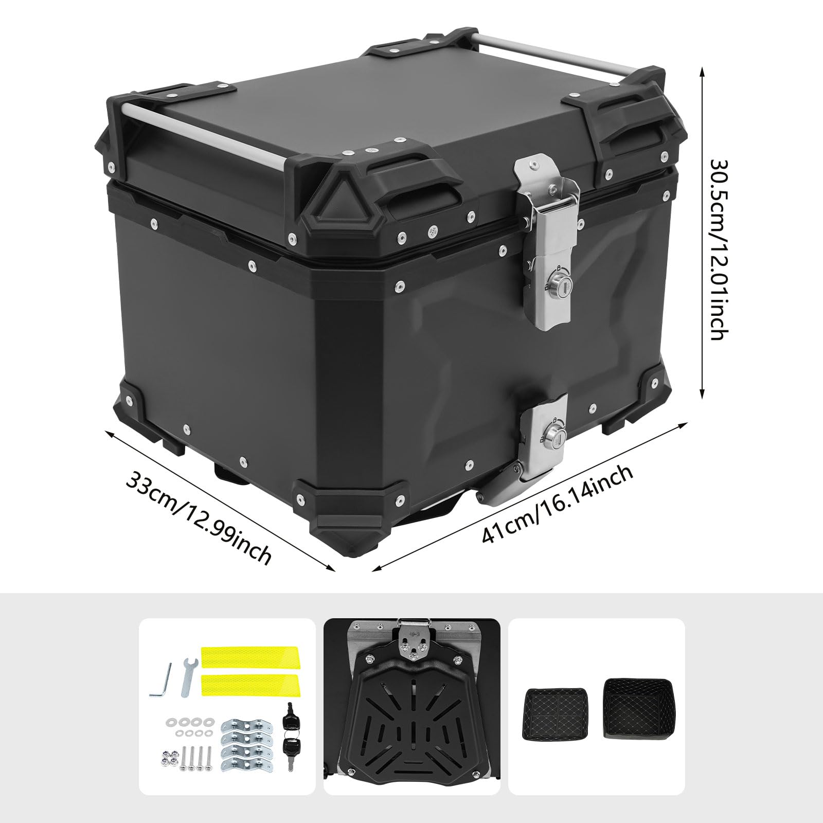 Bauletto universale per moto, in alluminio, rigido, impermeabile, con serratura e 2 chiavi, portata massima 10 kg (45 L), colore nero