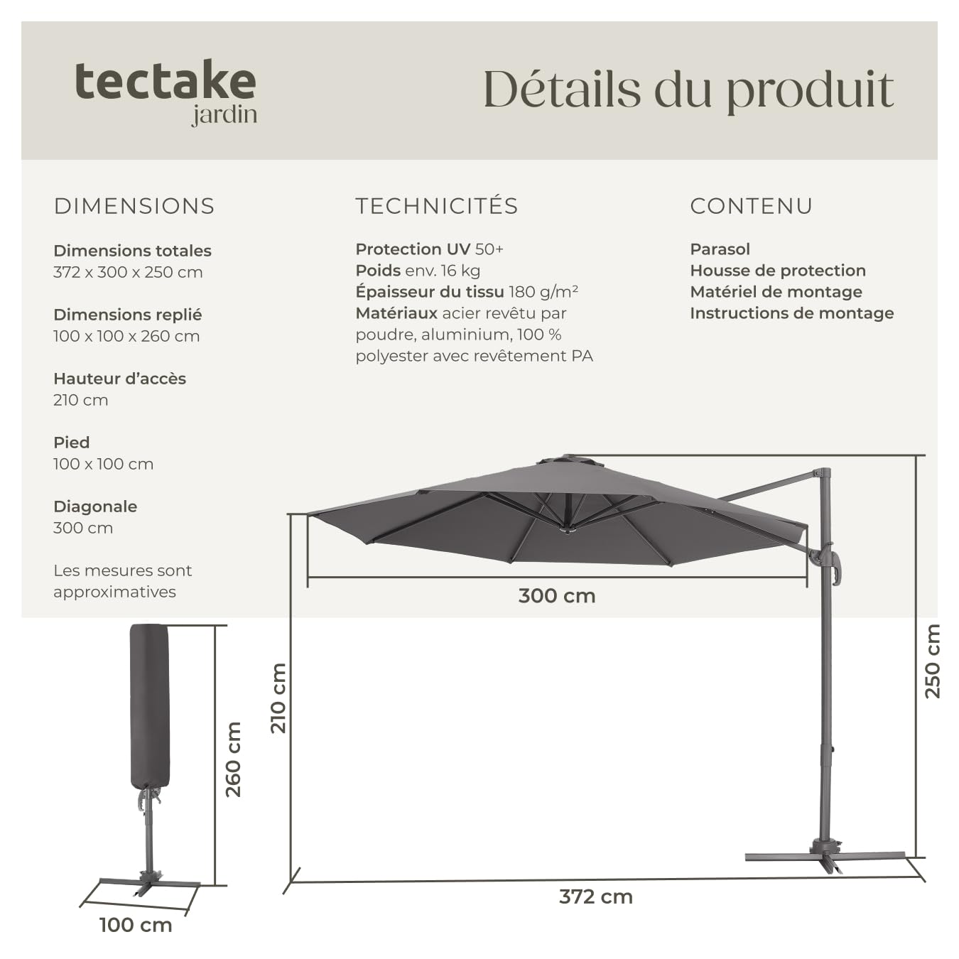 tectake® Parasol de Jardin Exterieur Parasol Déporté, en Aluminium, Ø 300 cm, Inclinable & Réglable en hauteur, Protection UV 50+, Résistant au vent, Housse de protection incluse, Salon de jardin