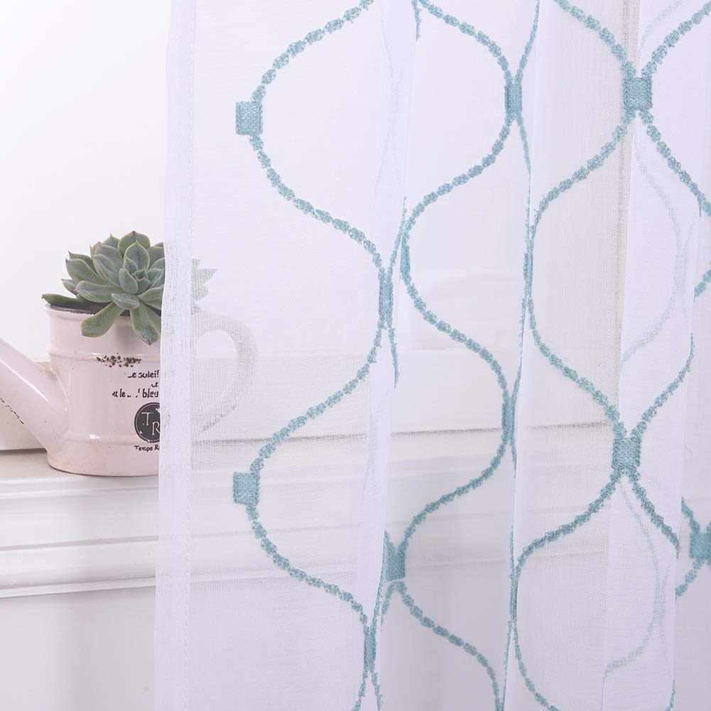 Cortinas traslúcidas bordadas azules de 63 pulgadas, cortinas de gasa con bolsillo para barra para sala de estar, dormitorio, tratamientos de ventana, paneles de cortina ondulados con diamante 3
