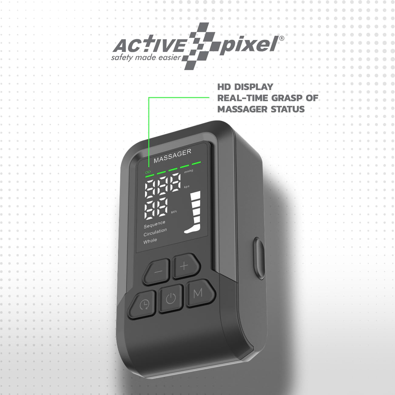 Pixel Air Compression leg mesagar active with handheld controller, intensity for 3 massage mode and legs, calf and thighs, corded electrics. Pixel Air Compression leg mesagar active with handheld controller, intensity for 3 massage mode and legs, calf and thighs, corded electrics.