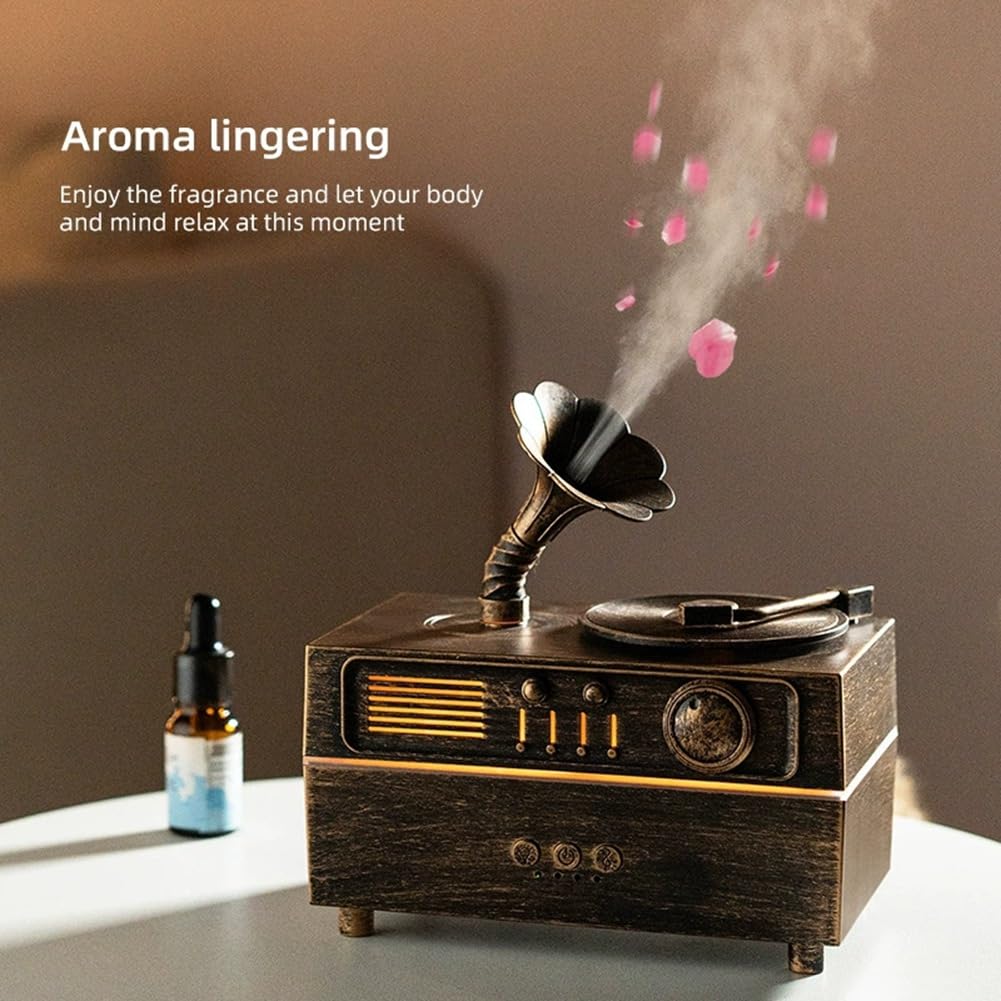 Humidificador Difusor de Aroma con Gramófono Retro Giratorio con Altavoz Bluetooth para Decoración del Hogar y la Oficina.