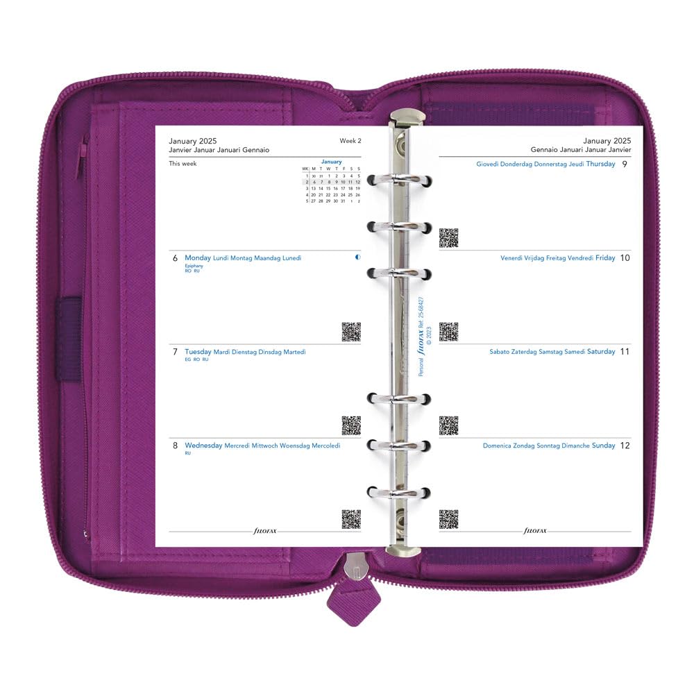 Filofax Saffiano C022535-25 - Organizer con cerniera, formato compatto e personale, color rasperry, effetto pelle, 6 anelli, visualizzazione settimanale, multilingue