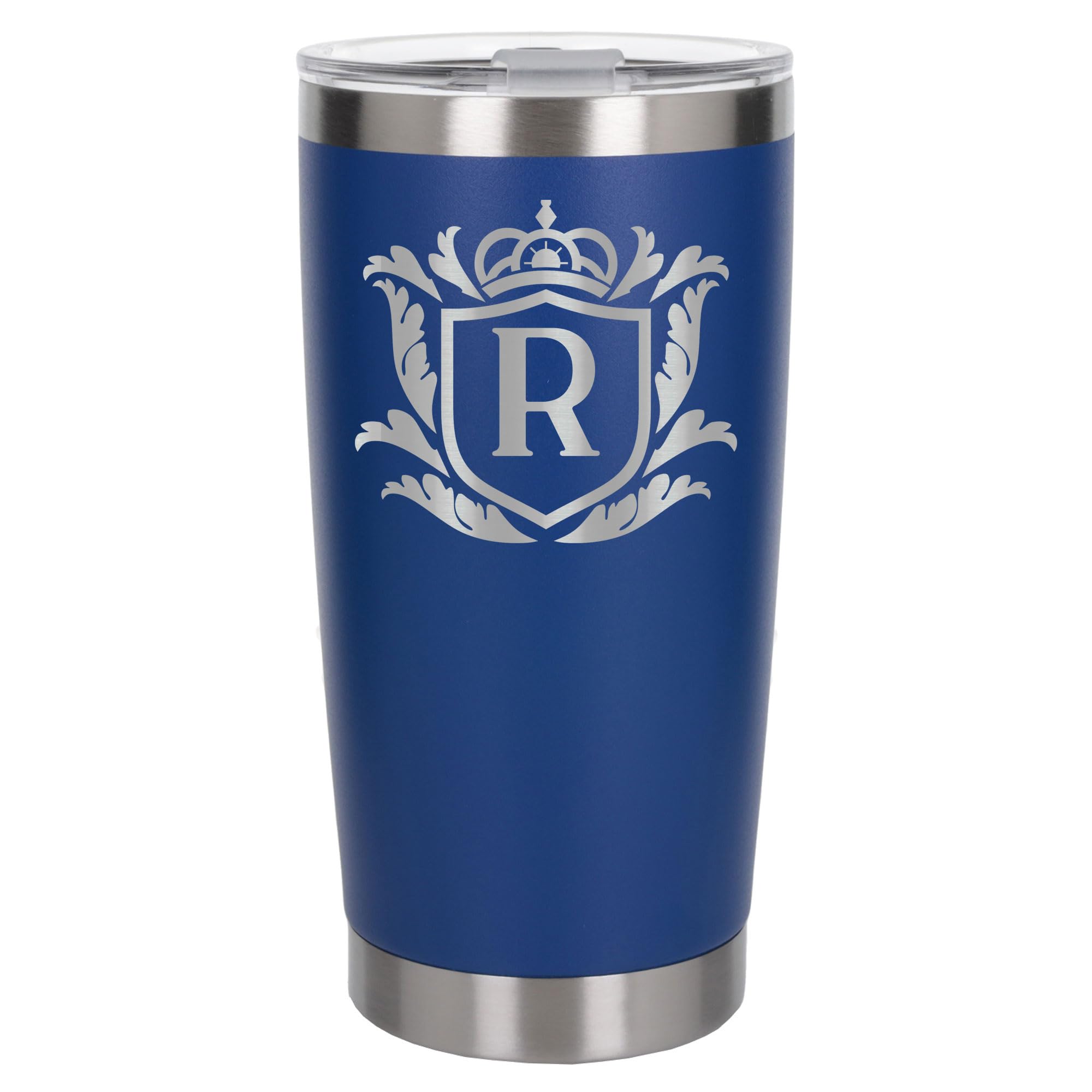 Customised Gifts 500ml Engraved Shield Initial Monogram Insulated Personalised Dark Blue Travel Mug for Men and Women - Personalised Initial Coffee Travel Mug for Hot and Cold Beverages, Letter R