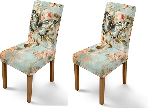 Miniatura 6 de HUGS IDEA Juego de 6 fundas de asiento con diseño de mariposa para sillas de comedor, diseño de rosa vintage, extraíbles y lavables, fundas para