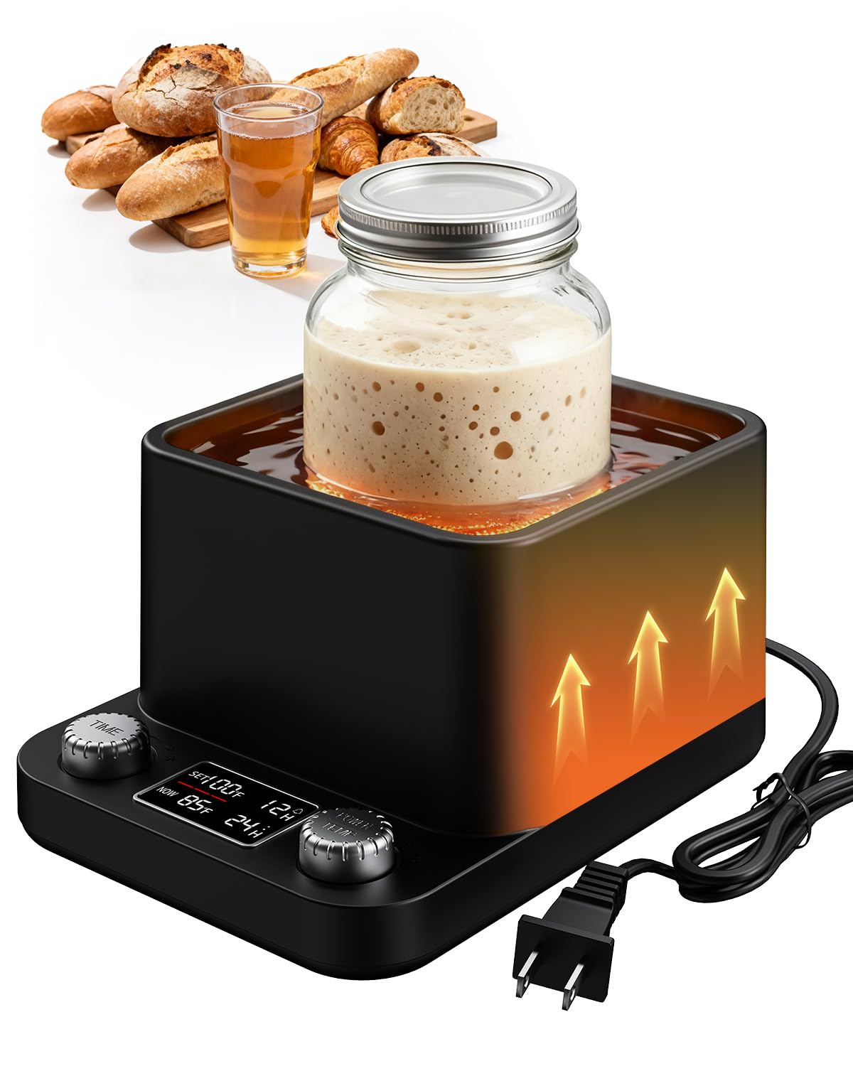 Chauffe-levain MQUPIN, bain-marie à chauffage uniforme, thermostat précis au 1°F (70-104°F) minuterie 198h, chauffe-levure intelligent pour la fermentation du kombucha, du yaourt et de la bière (noir)