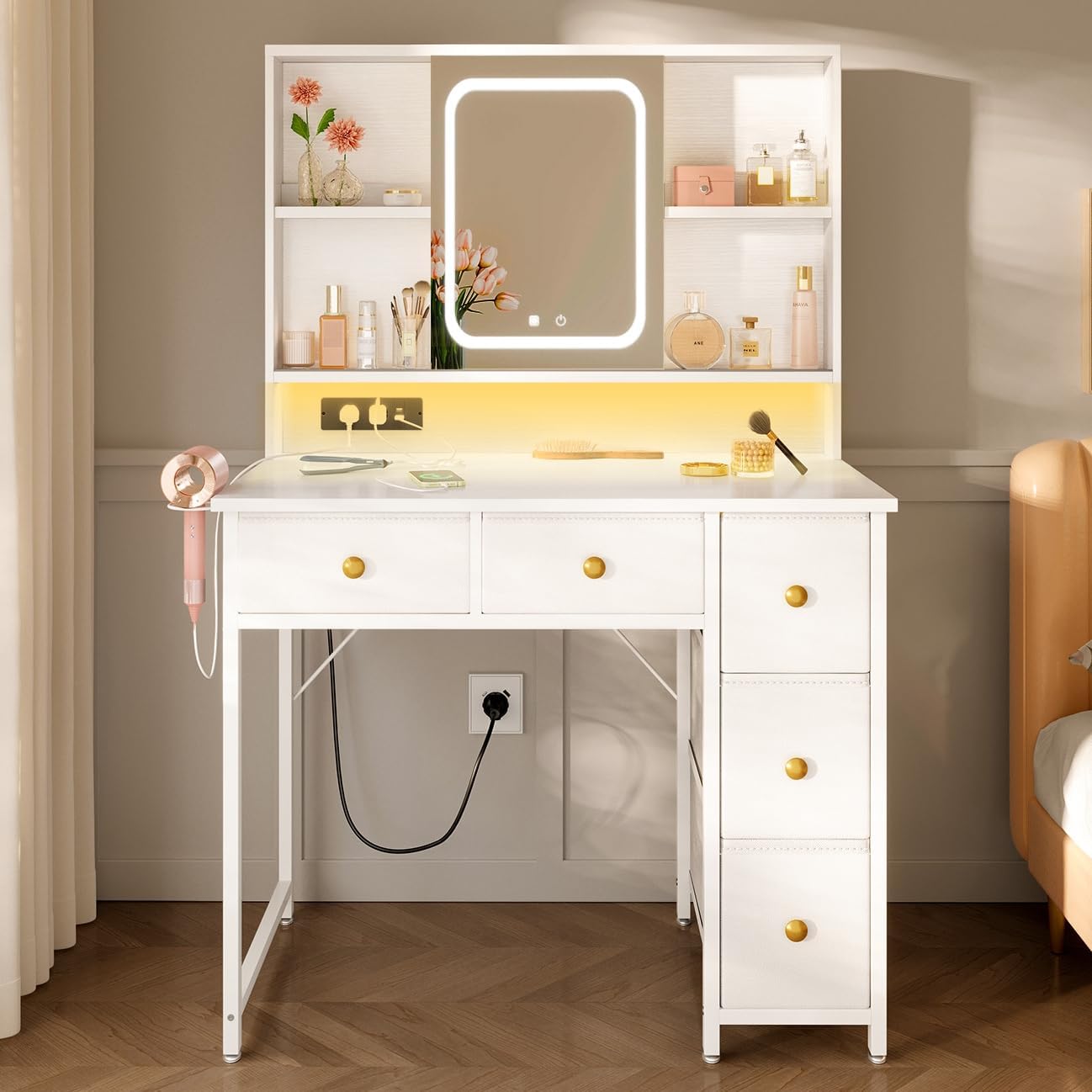 ODK ТУАЛЕТНЫЙ СТОЛИК БЕЛЫЙ С ЗЕРКАЛОМ LED И ПОЛКАМИ 90x40 CM