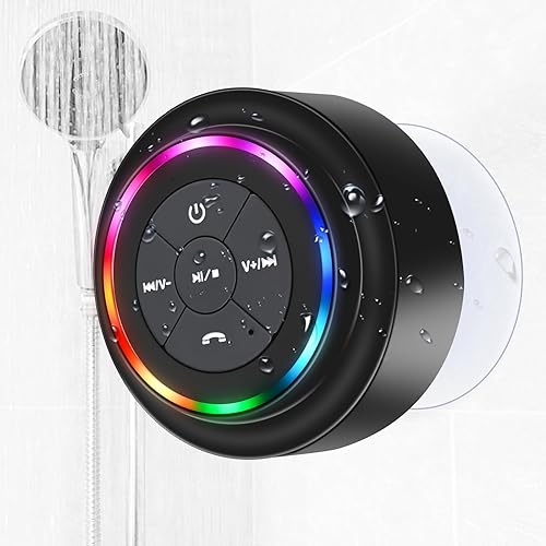 Waterproof Bluetooth Shower Speaker, Portable Wireless Speaker with Suction Cup, Small Portable Wireless Outdoor Speakers, 6 Mode RGB Lights, for Shower Bathroom Pool Beach, Gift Ideas for Christmas