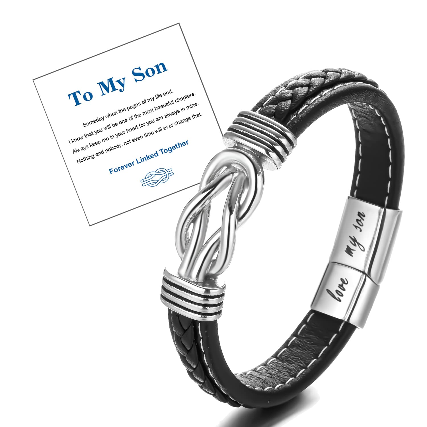 RINHOOTo My Son/To My Grandson Bracelet Stainless Steel Genuine Leather Bracelet for Men Forever Love Knot Linked Together Handmade Wrist Band Cuff Bangle Bracelet