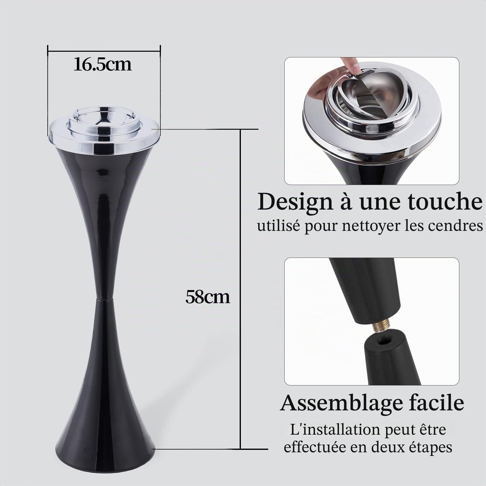 Cendrier sur pied avec couvercle coupe-vent pour terrasse Noir