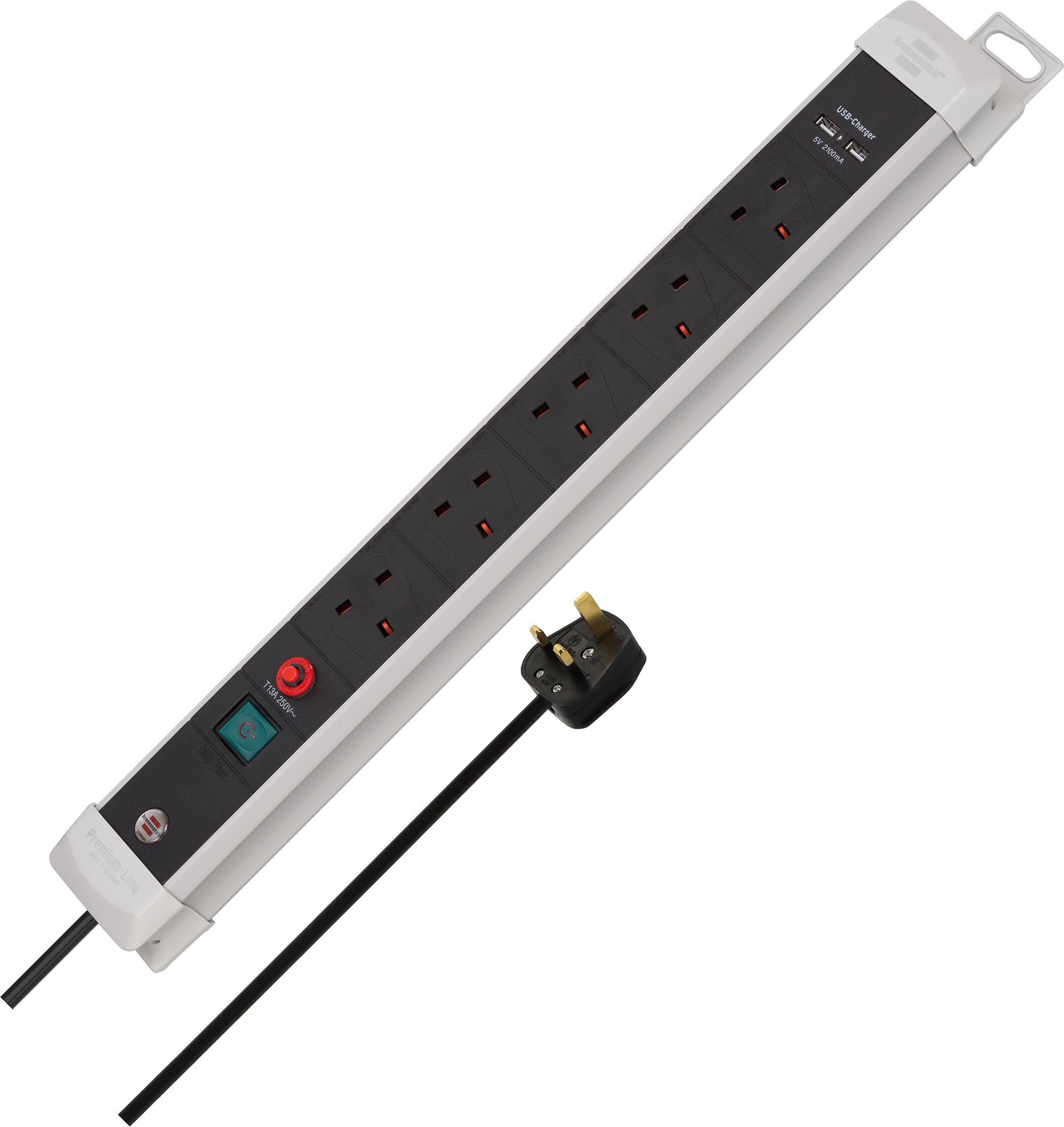Brennenstuhl Light Grey / Black Premium-Line Fb, 5-Way Extension Lead With 2 Usb Charging Ports (Switch And 3M Cable, With Safety Fuse Button, Made In Germany) Grey/Black