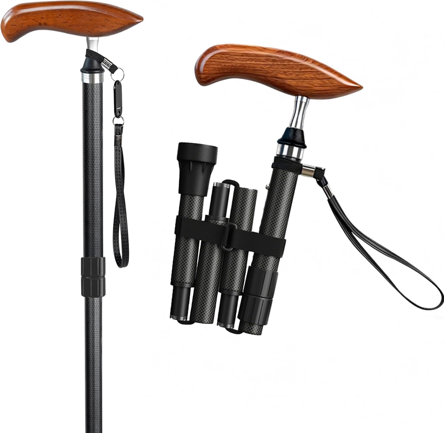 bastone per anziani, bastone da passeggio elegante con manico in legno naturale, bastone pieghevole regolabile 85–95 cm, struttura in carbon fiber