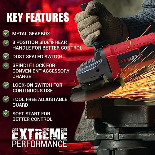 PROMAKER 9 inch Angle Grinder, 17.2 AMP 6300 RPM, Heavy Duty Angle Grinders with two (2) extra Carbon brushes. Electric metal grinding hand tool with Soft Start Technology PRO-ES2009 - Image 4