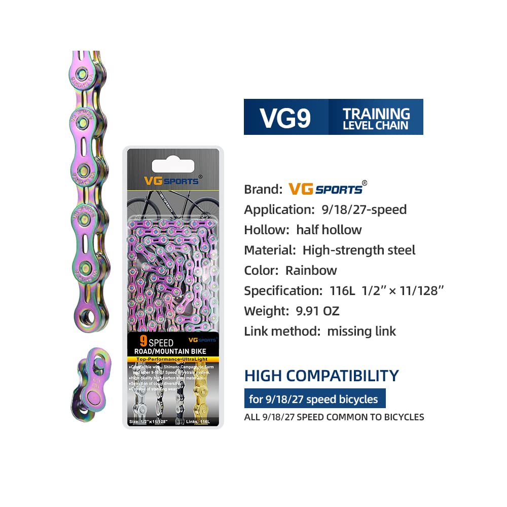 VG SPORTS 6/7/8/9/10/11 Speed Bike Chains,Half Hollow/Full Hollow Lightweight Bicycle Chains for Road Bike/MTB/BMX, Rainbow, 116 Links with Missing Link
