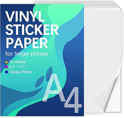 Miniatura 1 de Vinilo imprimible para impresora de inyección de tinta e impresora láser, color blanco brillante, 50 hojas autoadhesivas, papel adhesivo