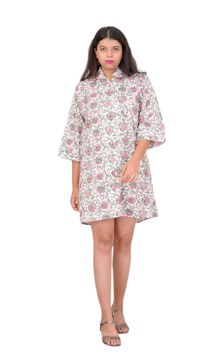 Jaipur Textiles, Hand Block Printed Cotton Women's Night Dress Floral Printed Knee Length Night Shirt, Soft Cotton Night Shirts, Women Sleep Wear Dress Multicolour-image-7