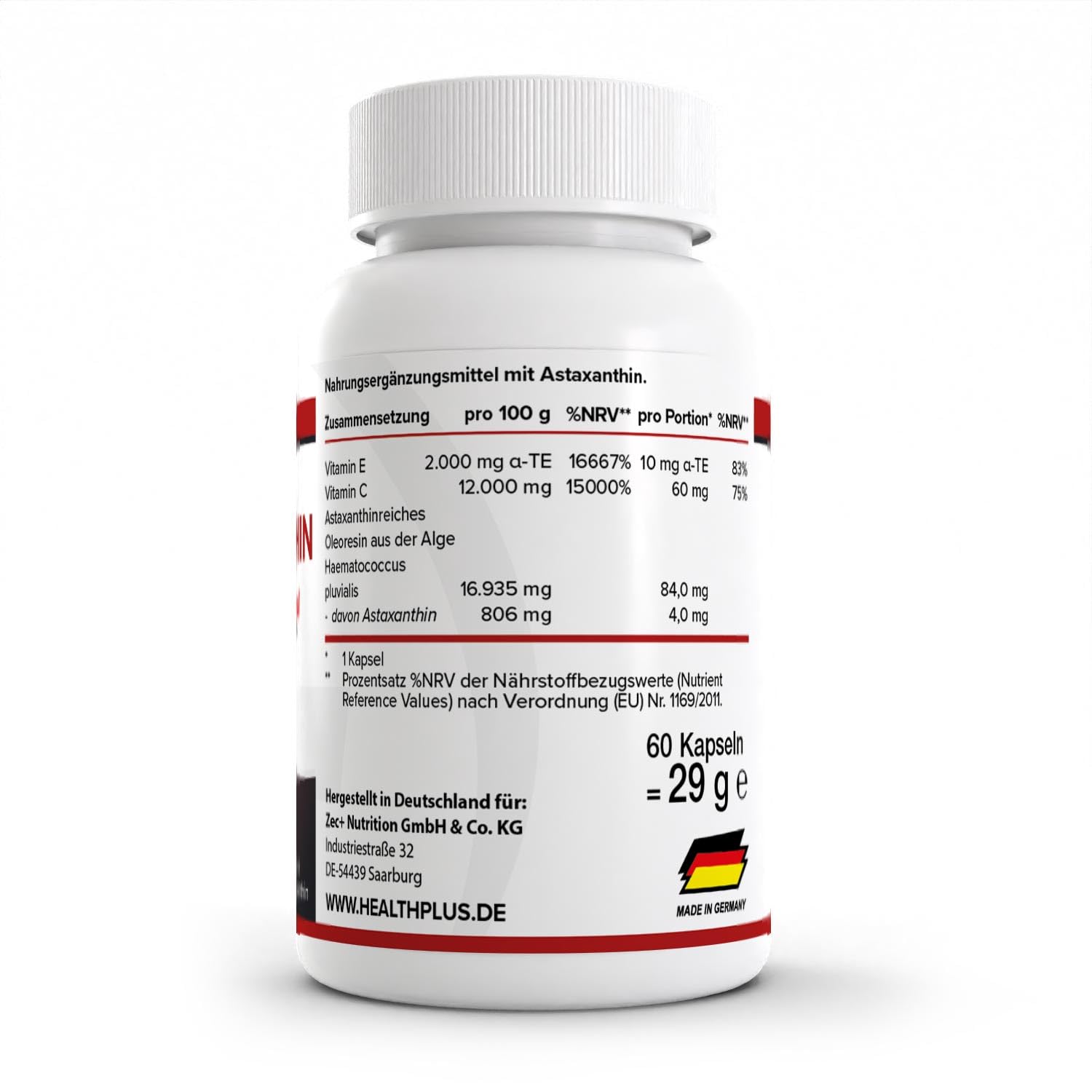 Health+ Astaxanthin - 60 Kapseln mit 4 mg des Markenrohstoffs AstaPure, veganes Antioxidans aus der Alge, Made in Germany