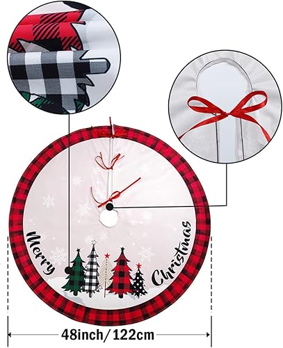 Miniatura 3 de Falda de árbol de Navidad de 48 pulgadas, falda de árbol de Navidad rústica roja con copo de nieve, falda de árbol de Navidad a cuadros negros y