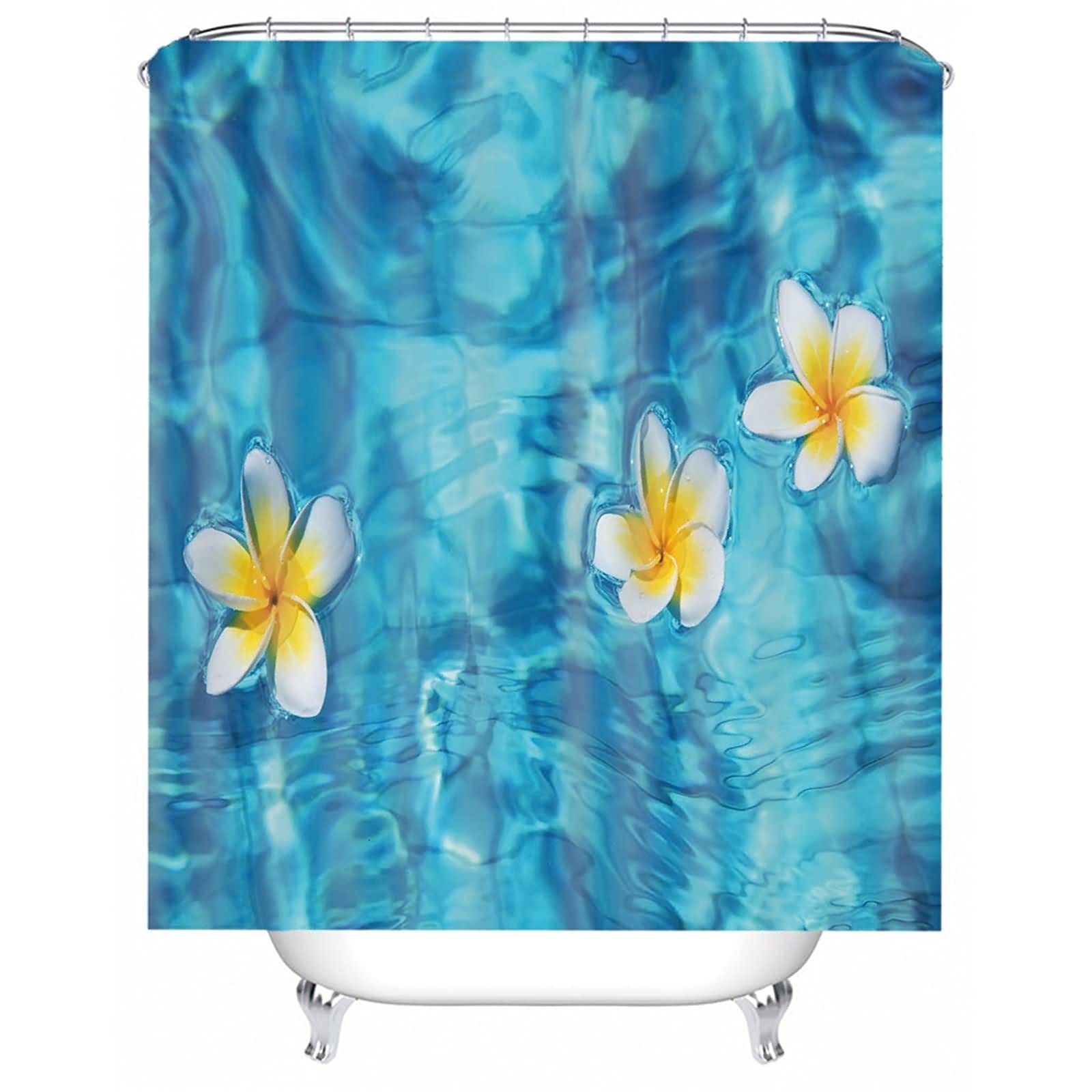 Banemi Shower Curtain Panels, Textured Shower Curtain Blue Yellow White Frangipani Pattern Polyester 65X71Inch for Bathroom Showers and Bathtubs