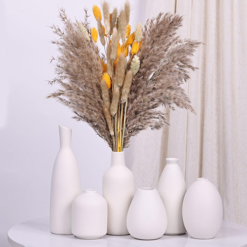 Juego de 6 jarrones de cerámica blanca, modernos jarrones bohemios para flores secas, pequeños jarrones blancos para decoración, jarrones pequeños blancos para centros de mesa a granel, mini jarrones