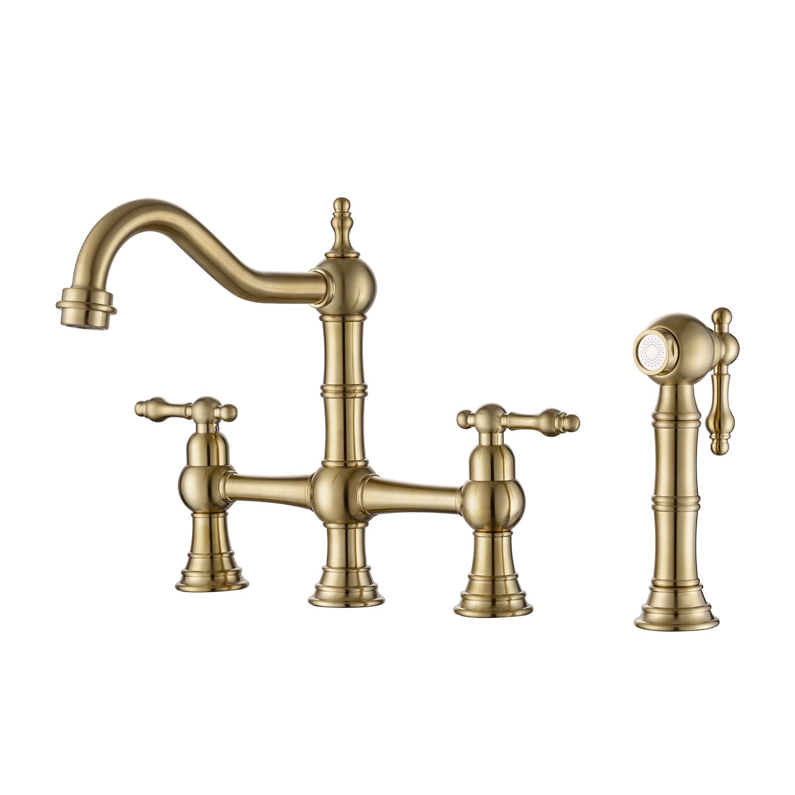 Brass Bridge Kitchen Faucet with Side Sprayer, 4 Hole Bridge Faucet 2 Handle 8 Inch Centerset Kitchen Faucet,Brushed Gold Kitchen Sink Faucet