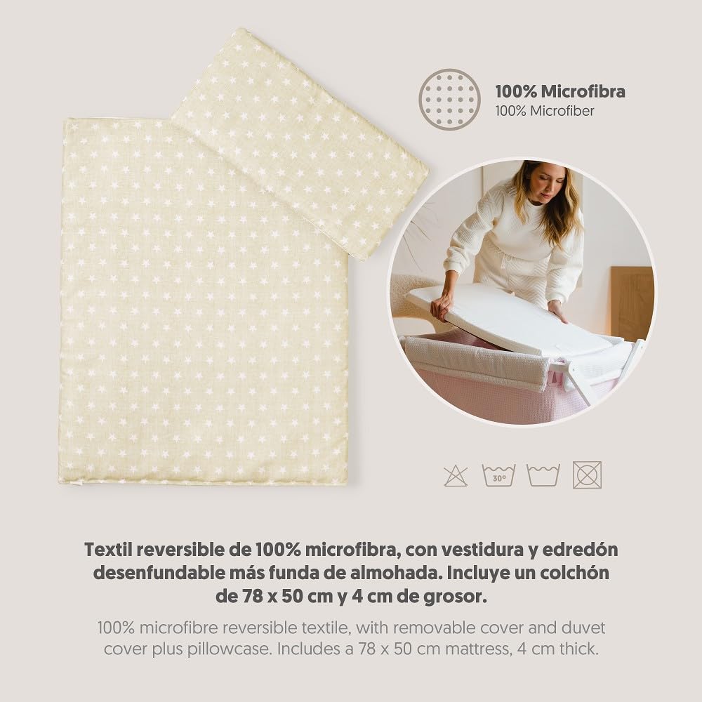 Interbaby Culla Neonato Legno con Ruote e Materasso Completa (Star Beige) | Navicella prodotta in Spagna, completa con materasso, biancheria, piumino e cuscino in microfibra, ruote con freno