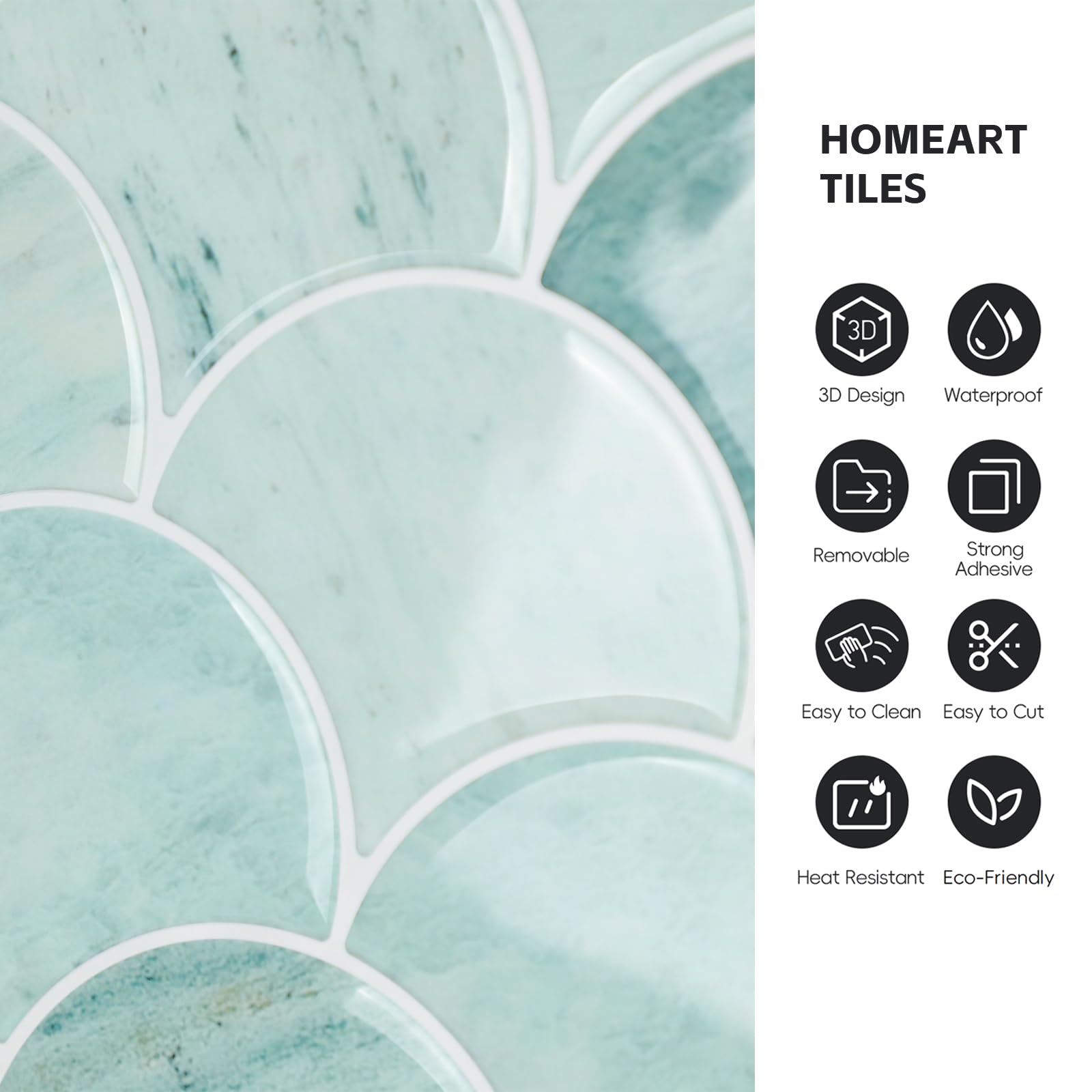 HOMEART Piastrelle adesive 3D per paraschizzi con squame di pesce, rimovibili, adatte agli affittuari, adesive da parete per cucina e bagno (10 fogli, verde marmo)