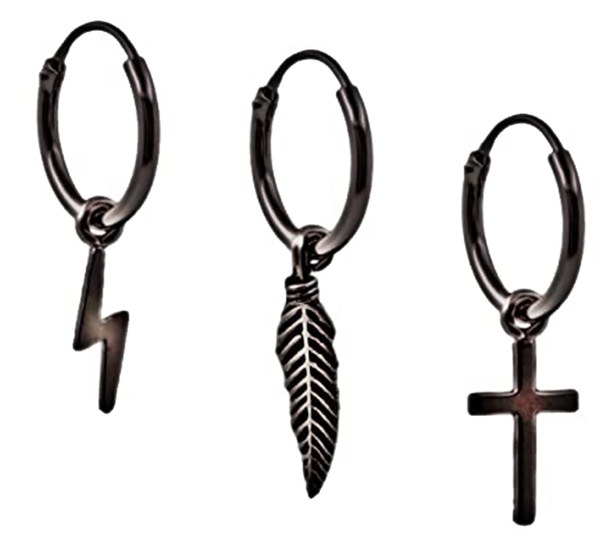 ENTREPLATA Pendientes Plata De Ley 925 Trio De Criollas Unisex Set De Aros de Plata Con Tres Colgantes Forma De Rayo Cruz Y Pluma Esmaltados en Negro