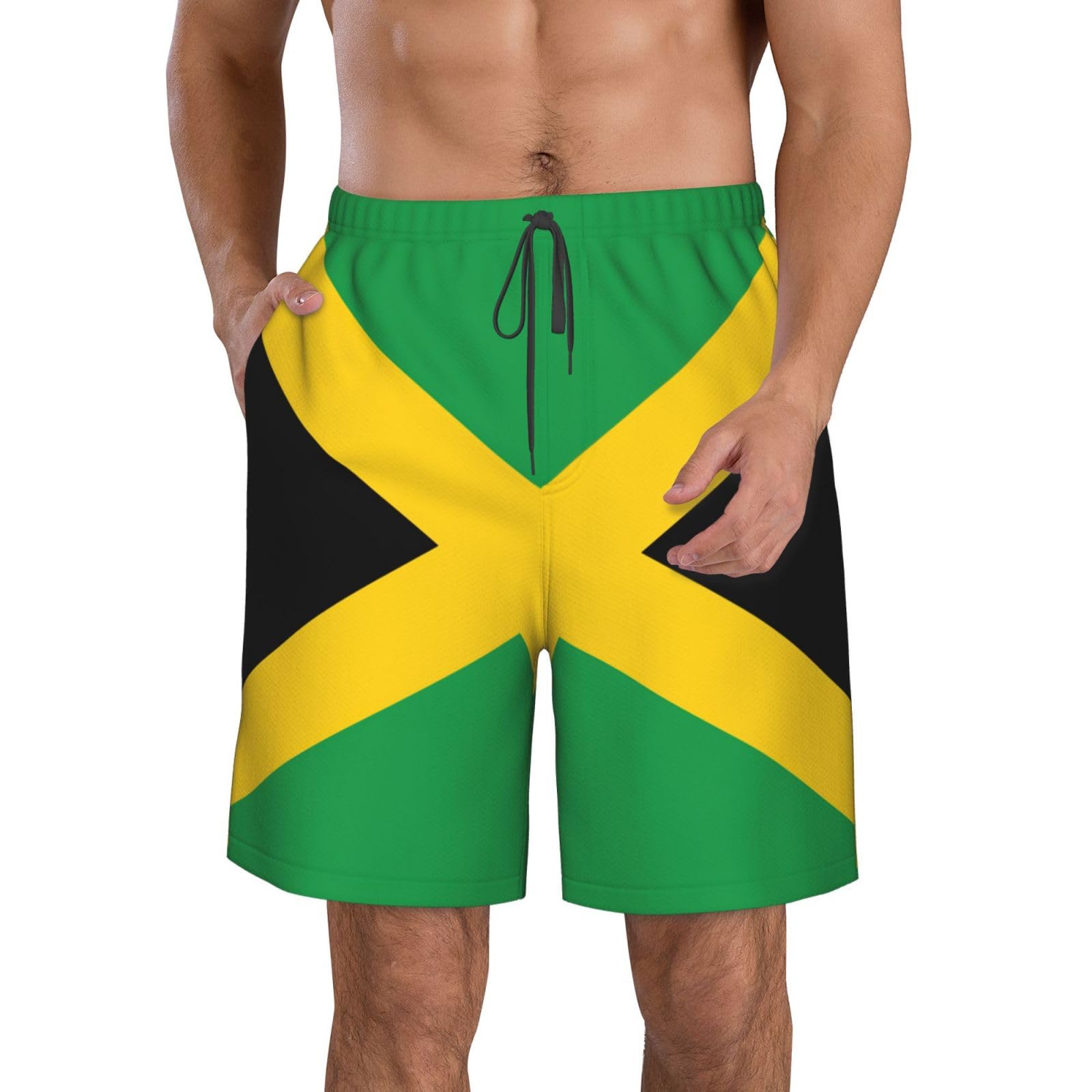 Fscev Men's White Flag Of Jamaica Beach Shorts Swimming Casual Loose Surfing With Pockets Quick Dry