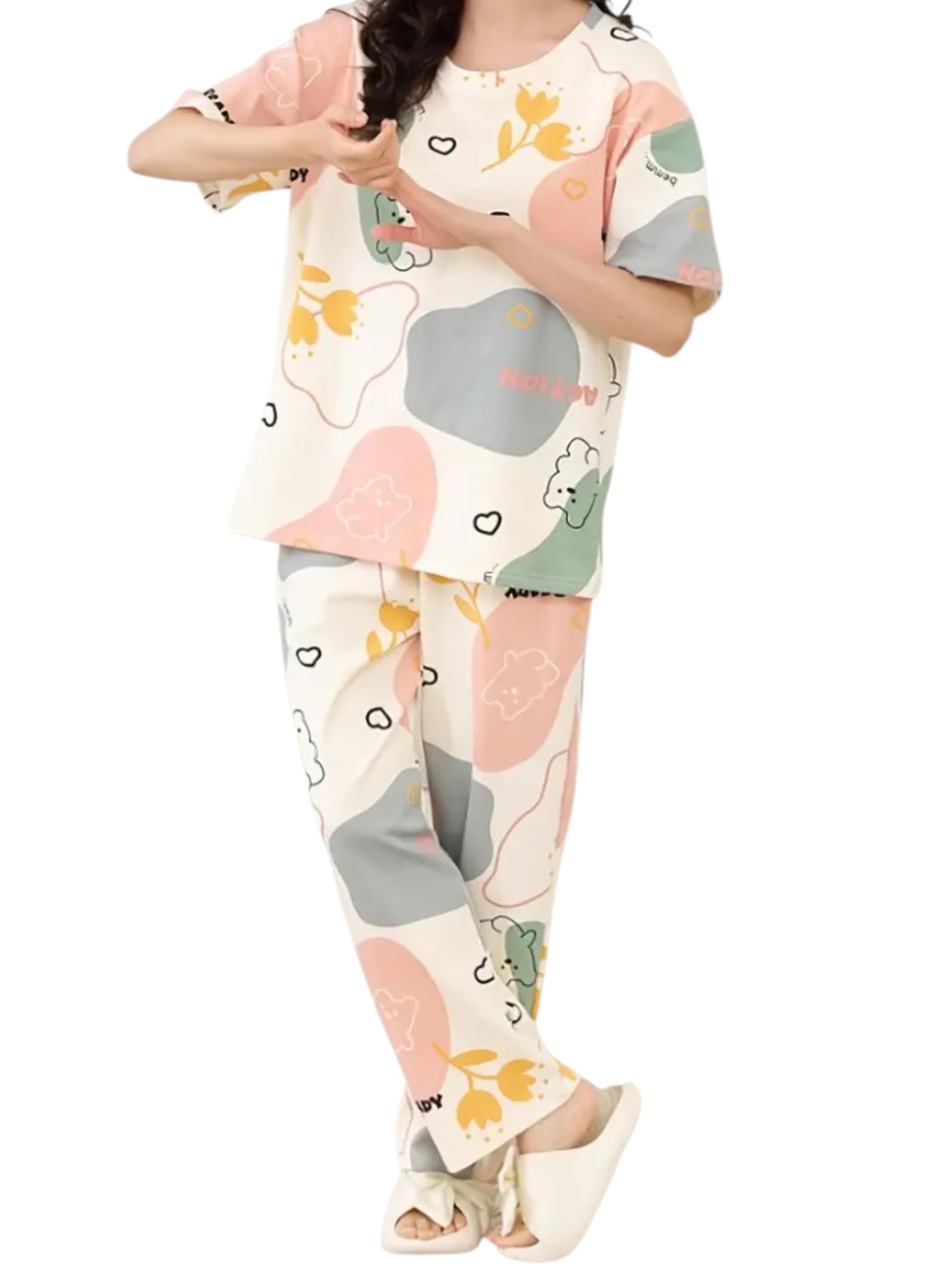 Women’s Cotton Pajama Set with Top & Pants|| Korean Night Wear|| Loose Fit Home Wear || Lightweight Printed Set || Soft & Comfy Sleepwear for Girls & Women || LNS-4-$