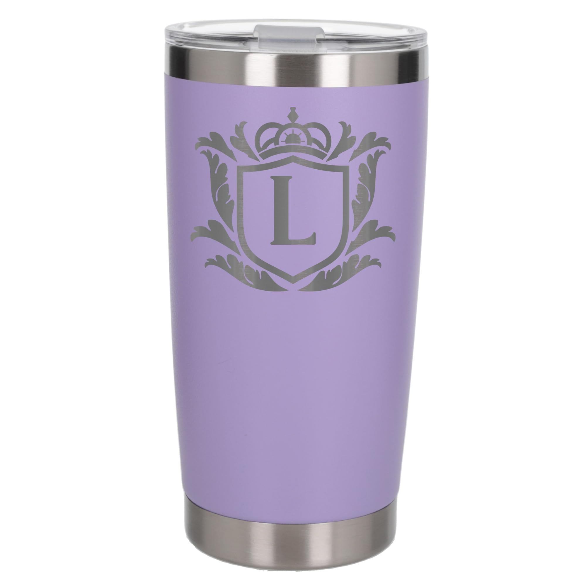 Customised Gifts 500ml Engraved Shield Initial Monogram Insulated Personalised Lavender Travel Mug for Men and Women - Personalised Initial Coffee Travel Mug for Hot and Cold Beverages, Letter L