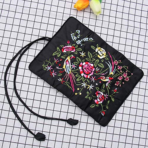 jojofuny-Jewelry-Roll-Silk-Jewellery-Roll-Wrap-Embroidery-Brocade-Jewellery-Bag-Roll-Jewelry-Pouch-Organizer-Travel-Storage-Case-Makeup-Organizer-Black