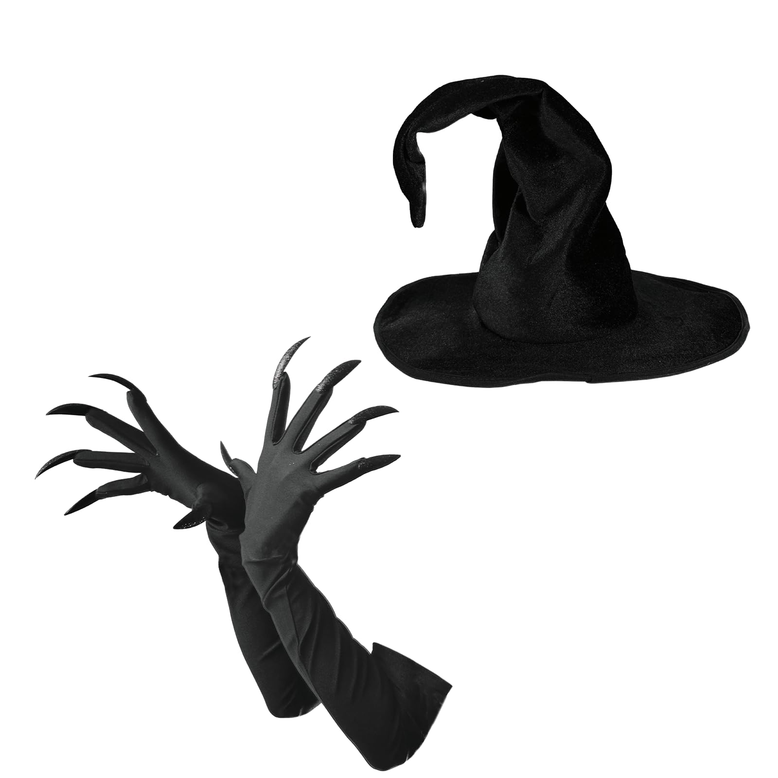 FakeFace 2PCS Witch Hat Long Nail Glove Set Wizard Bend Corner Hat Claw Glove Halloween Witch Magician Dress up Costume for Adult - Image 2