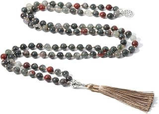BALIBALI 108 Mala Beads Necklace Semi-Precious Gem Stones Meditation Necklace 108 Hand Knotted Japa Mala Beaded Tassel Necklace with Tree of Life Pendant