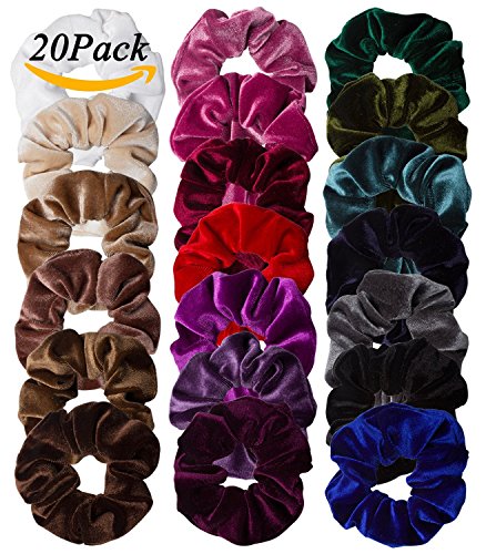Jaciya 20 Pack Velvet Scrunchies Elastic Scrunchy Hair Bobbles Elastics Hair Ties Bands Hair Accessories Soft Elegant Elastic Hair Bands Hair Ties Ponytail Holder, 20 Colors