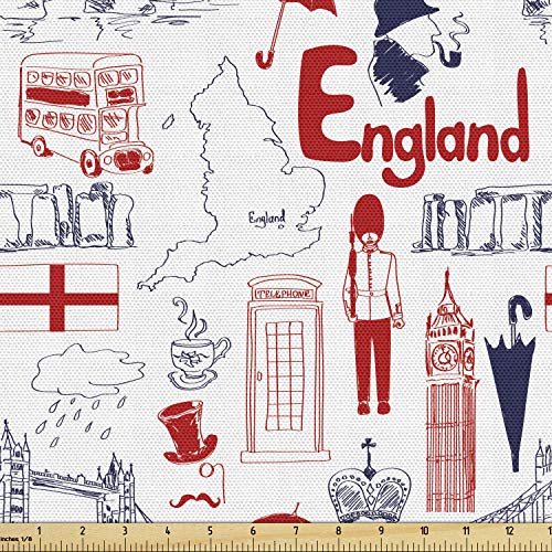 Image of Ambesonne London Fabric by The Yard, Sketch Artwork Country British Cultural Composition in Doodle Style, Decorative Fabric for Upholstery and Home Accents, 1 Yard, Vermilion Blue