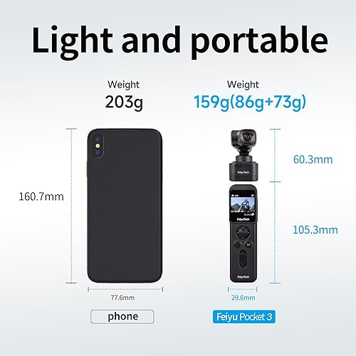 Miniatura 5 de FeiyuTech Kit oficial de bolsillo 3 Kit desmontable de 3 ejes cardán estabilizado cámara de acción, 12MP, 130 FOV, 12.3 pulgadas CMOS, video 4K 60,