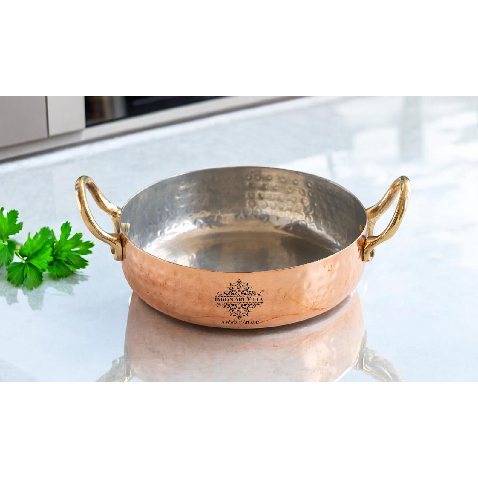 Indian Art Villa Pure Copper Round Dish, Brass Handle with Tin Lining, For Home restaurant and hotel, Cookware and Serveware, Diameter- 6.9 Inch