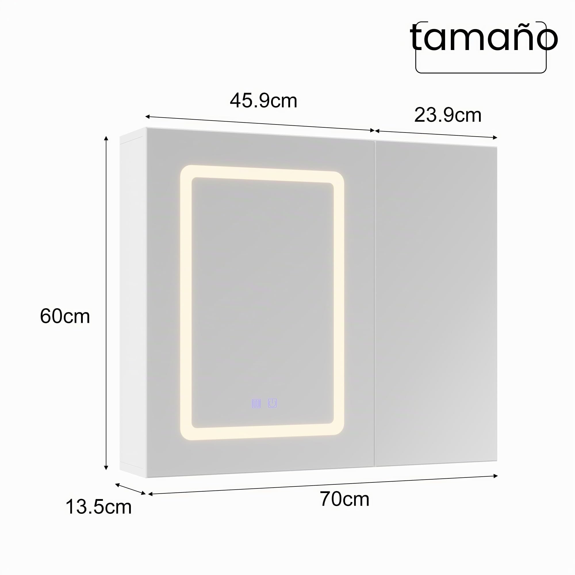 Armario de baño con espejo y luz LED, espejo de baño con almacenamiento, función antiniebla, 3 temperaturas, con estante ajustable, estilo moderno (70 x 13,5 x 60)