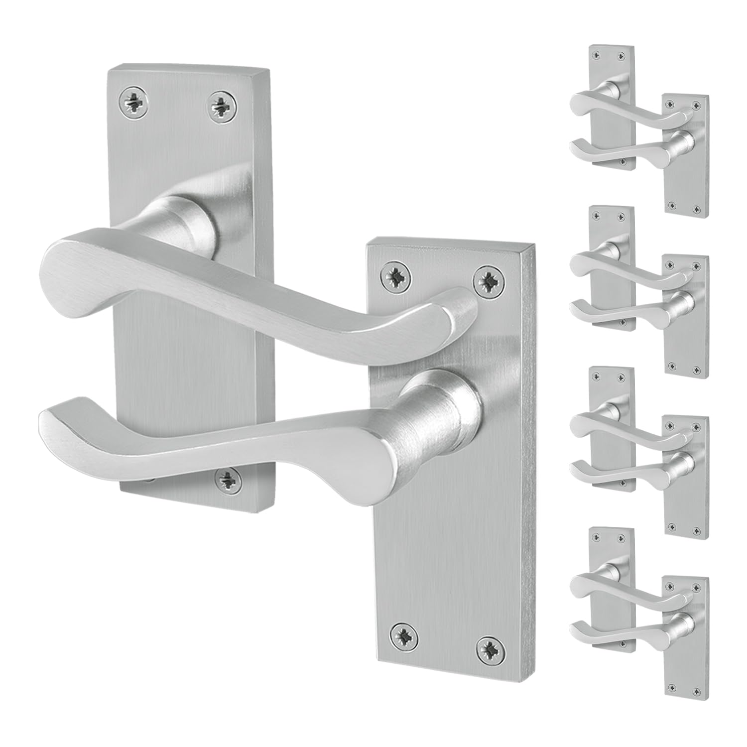 Eai Satin Chrome Satin Victorian Scroll Latch Handles, 5 Pairs Of Internal Lever Door Handles On Backplate